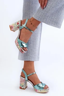 Sandały Na Słupku|Sandały Na Obcasie></noscript>Damskie buty S.Barski Sandały Damskie Na Słupku W Kwiaty D&A CR980 Błękitne Niebieski
