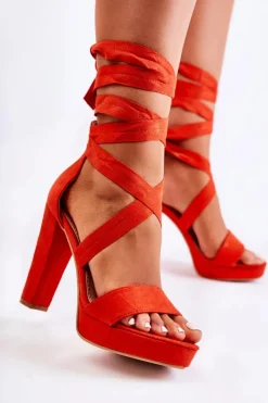 Best Sandały Damskie Na Słupku Wiązane Czerwone Milla Damskie Sandały Na Obcasie
