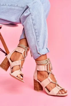 Sandały Damskie Na Słupku Wiązane Zamszowe Beżowe Amore Damskie Sandały Na Obcasie