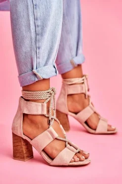 Sandały Damskie Na Słupku Wiązane Zamszowe Beżowe Amore Damskie Sandały Na Obcasie