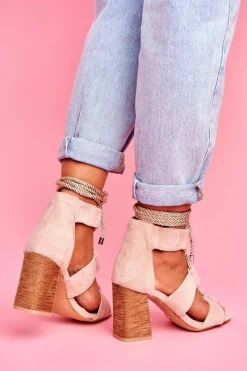 Sandały Damskie Na Słupku Wiązane Zamszowe Beżowe Amore Damskie Sandały Na Obcasie