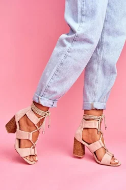 Sandały Damskie Na Słupku Wiązane Zamszowe Beżowe Amore Damskie Sandały Na Obcasie