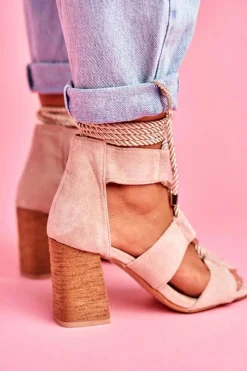 Sandały Damskie Na Słupku Wiązane Zamszowe Beżowe Amore Damskie Sandały Na Obcasie