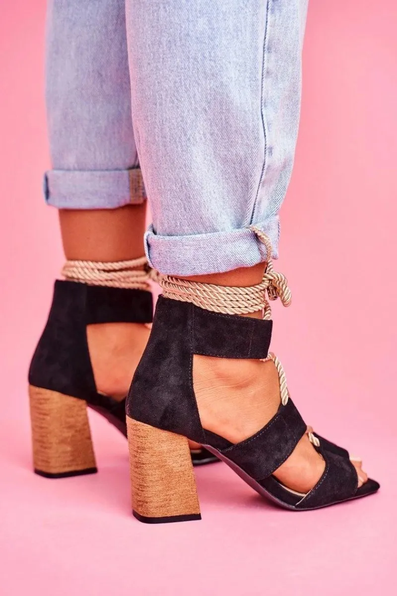 Clearance Boto Sandały Damskie Na Słupku Wiązane Zamszowe Czarne Amore