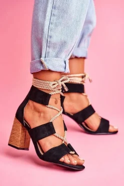 Clearance Boto Sandały Damskie Na Słupku Wiązane Zamszowe Czarne Amore