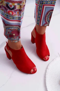 Sale Boto Sandały Damskie Na Słupku Z Cholewką Peep Toe Czerwone Esta