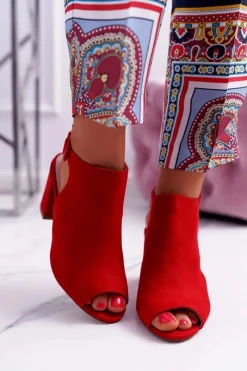 Sale Boto Sandały Damskie Na Słupku Z Cholewką Peep Toe Czerwone Esta