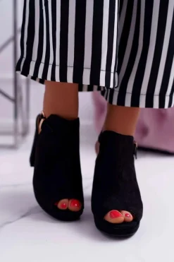 Best Boto Sandały Damskie Na Słupku Z Cholewką Odkryte Palce Czarne Montree