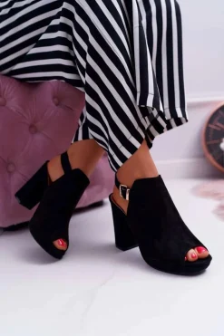 Best Boto Sandały Damskie Na Słupku Z Cholewką Odkryte Palce Czarne Montree