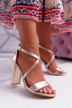 Sandały Damskie Na Słupku Złote Klaira Damskie Sandały Na Obcasie