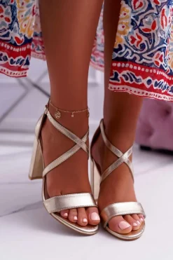 Sandały Damskie Na Słupku Złote Klaira Damskie Sandały Na Obcasie