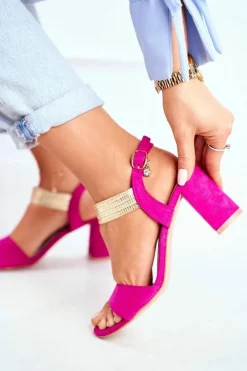 Hot Damskie buty S.Barski Sandały Damskie Na Słupku Zamszowe Fuksja Enjoy Różowy