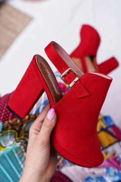 Sandały Na Obcasie>Boto Sandały Damskie Na Słupku Z Cholewką Odkryte Palce Czerwone Montree