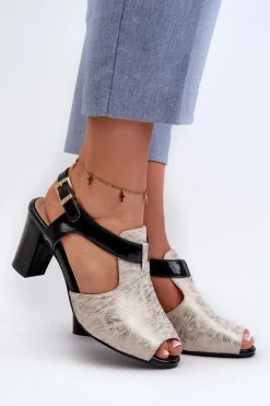 Sale Boto Sandały Damskie Na Słupku Z Eko Skóry Złoto-Czarne Queenmarie Złoty