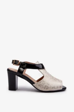 Sale Boto Sandały Damskie Na Słupku Z Eko Skóry Złoto-Czarne Queenmarie Złoty