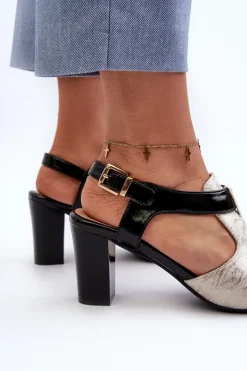 Sale Boto Sandały Damskie Na Słupku Z Eko Skóry Złoto-Czarne Queenmarie Złoty