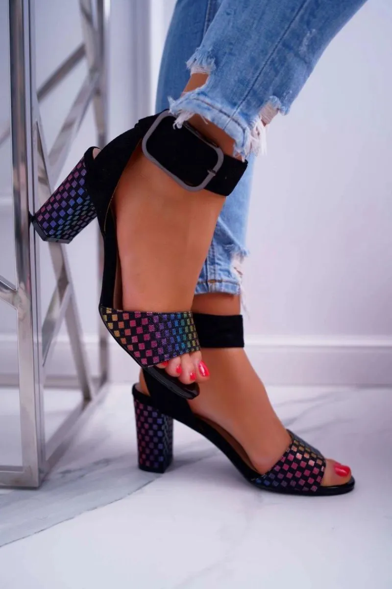 Online Sandały Damskie Na Słupku Zamszowe Czarne Geometric Damskie Sandały Na Obcasie