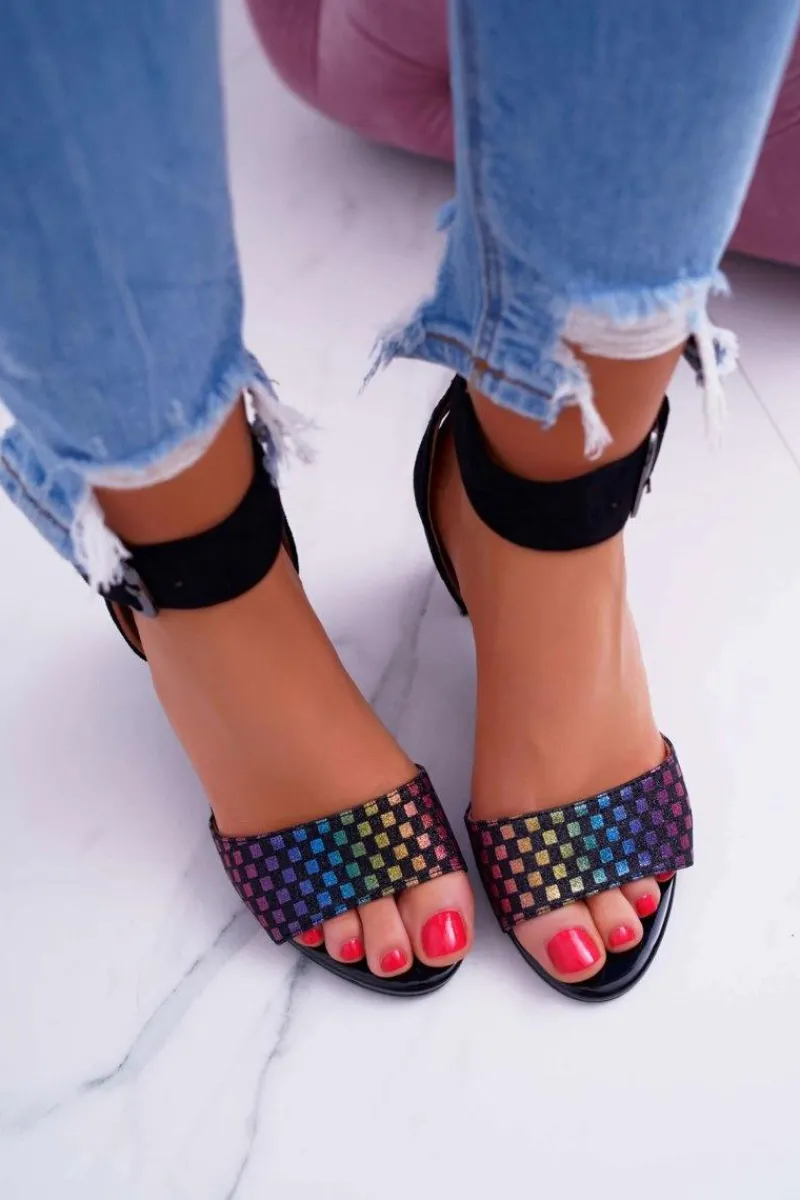 Online Sandały Damskie Na Słupku Zamszowe Czarne Geometric Damskie Sandały Na Obcasie