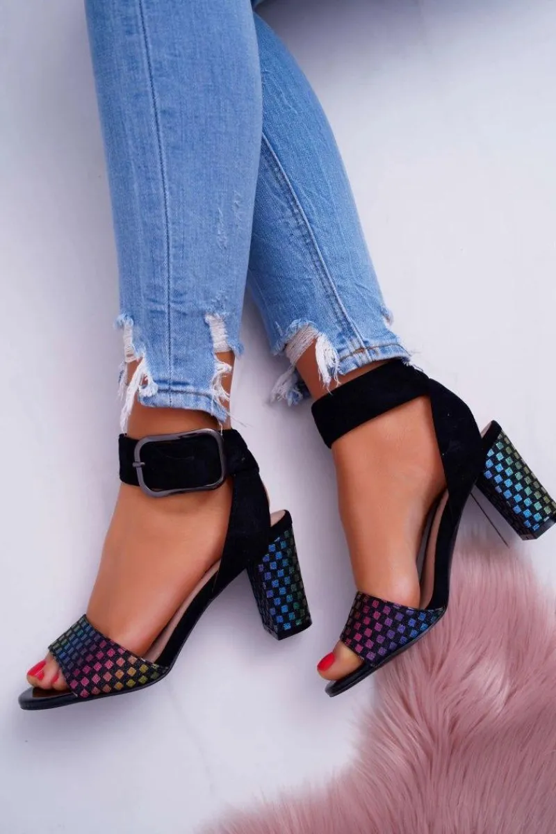 Online Sandały Damskie Na Słupku Zamszowe Czarne Geometric Damskie Sandały Na Obcasie