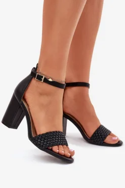 Hot Sandały Damskie Na Słupku Z Plecionym Paskiem Czarne Asdine Damskie Sandały Na Słupku|Sandały Na Obcasie