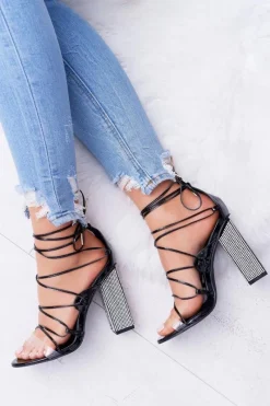 Sandały Na Obcasie>Boto Sandały Damskie Na Słupku Z Cyrkoniami Wiązane Czarne Everything