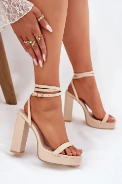 Boto Sandały Damskie Na Słupku Z Paseczkiem Beżowe Fevenne Beżowy