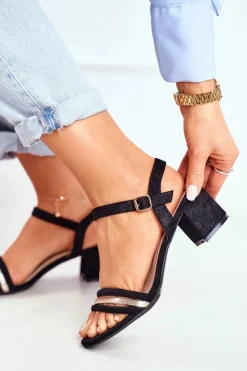 New Damskie buty S.Barski Sandały Damskie Na Słupku Z Brokatem Czarne Wixi