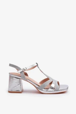 Outlet Evento Sandały Damskie Na Słupku Z Eko Skóry Srebrne Lyana Srebrny