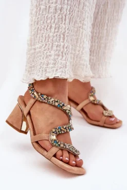 Outlet Artiker Sandały Damskie Na Słupku Z Kryształkami 56C1377 Beżowe Beżowy