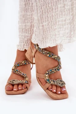 Outlet Artiker Sandały Damskie Na Słupku Z Kryształkami 56C1377 Beżowe Beżowy