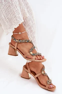 Outlet Artiker Sandały Damskie Na Słupku Z Kryształkami 56C1377 Beżowe Beżowy