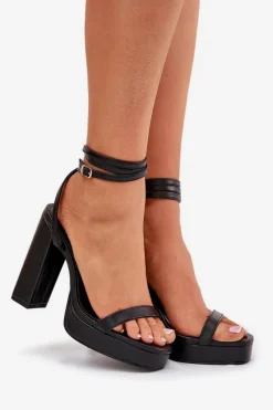Best Sandały Damskie Na Słupku Z Paseczkiem Czarne Fevenne Damskie Sandały Na Słupku|Sandały Na Obcasie