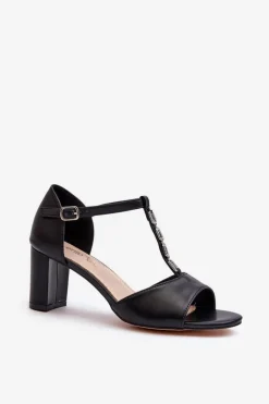Discount Evento Sandały Damskie Na Słupku Z Ozdobnym Paskiem Eko Skóra Czarne Triavera Czarny