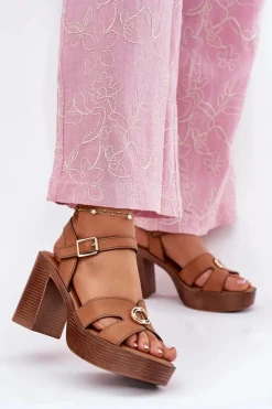 Sandały Na Słupku|Sandały Na Obcasie>Evento Sandały Damskie Na Słupku Ze Złotą Ozdobą Camel Nusorilis