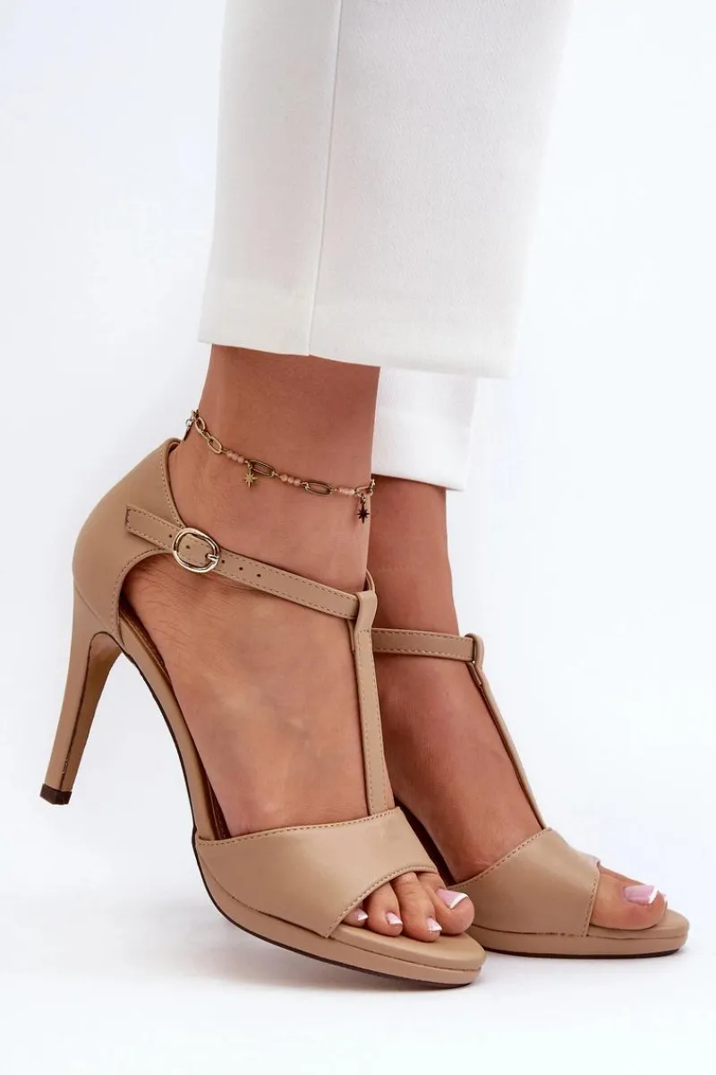 Outlet Sandały Damskie Na Szpilce Z Eko Skóry Beżowe Obdaria Damskie Sandały Na Obcasie