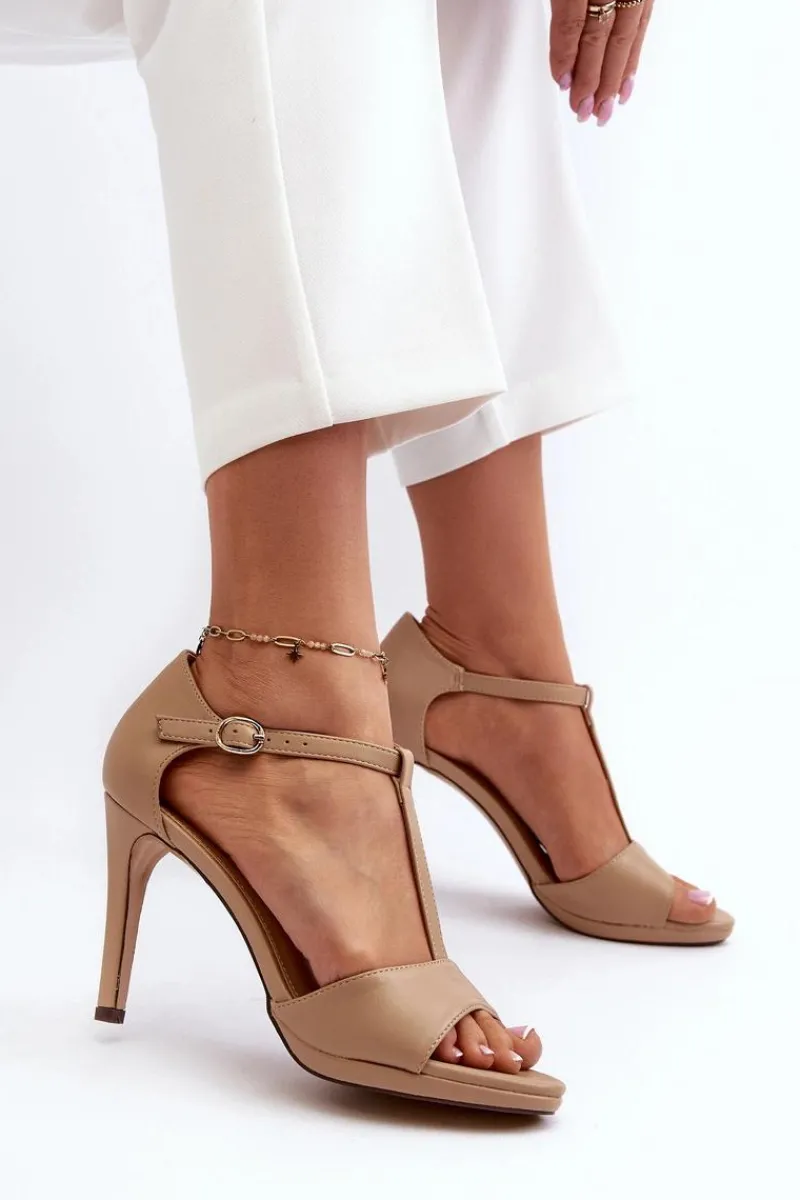 Outlet Sandały Damskie Na Szpilce Z Eko Skóry Beżowe Obdaria Damskie Sandały Na Obcasie