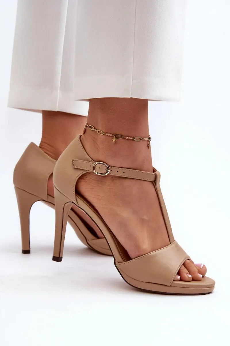 Outlet Sandały Damskie Na Szpilce Z Eko Skóry Beżowe Obdaria Damskie Sandały Na Obcasie