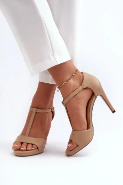 Outlet Sandały Damskie Na Szpilce Z Eko Skóry Beżowe Obdaria Damskie Sandały Na Obcasie