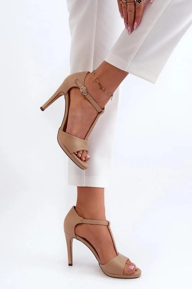 Outlet Sandały Damskie Na Szpilce Z Eko Skóry Beżowe Obdaria Damskie Sandały Na Obcasie