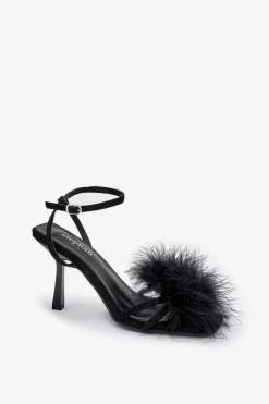 Sale Sandały Damskie Na Szpilce Z Piórami Czarne Xaliope Damskie Sandały Na Obcasie