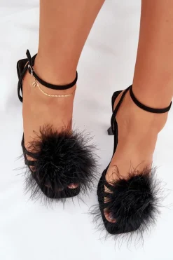 Sale Sandały Damskie Na Szpilce Z Piórami Czarne Xaliope Damskie Sandały Na Obcasie