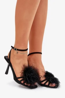 Sale Sandały Damskie Na Szpilce Z Piórami Czarne Xaliope Damskie Sandały Na Obcasie