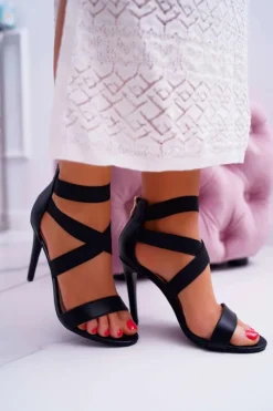 Sandały Damskie na Szpilce Z Gumkami Czarne Huge Damskie Sandały Na Obcasie