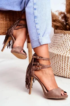 Sandały Damskie Na Szpilce Gladiatorki Taupe Carnival Damskie Sandały Na Obcasie