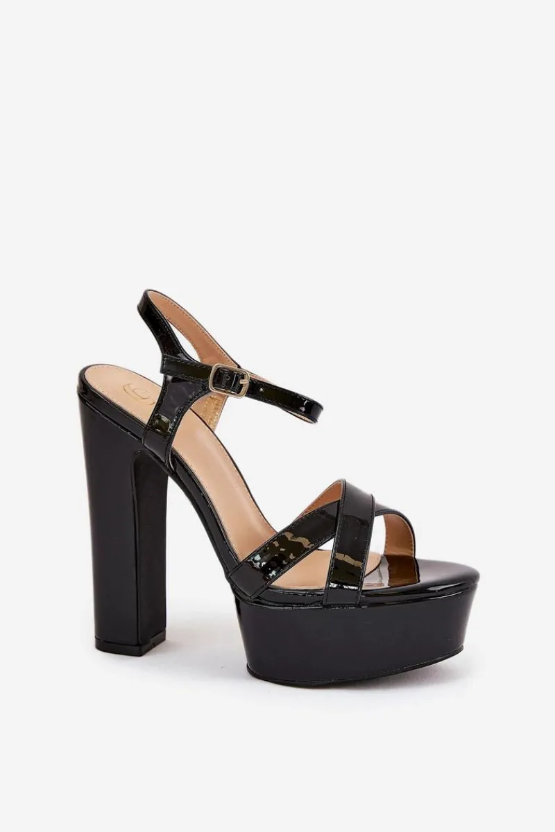 Clearance Boto Sandały Damskie Na Wysokim Słupku I Platformie Lakierowane Czarne Jovenes Czarny