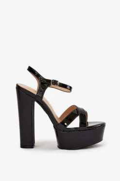 Clearance Boto Sandały Damskie Na Wysokim Słupku I Platformie Lakierowane Czarne Jovenes Czarny