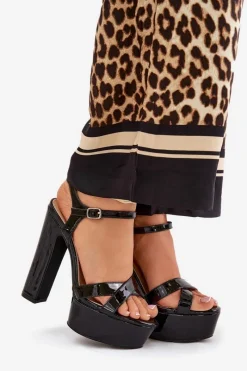 Clearance Boto Sandały Damskie Na Wysokim Słupku I Platformie Lakierowane Czarne Jovenes Czarny