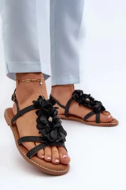 Sandały Płaskie>Boto Sandały Damskie Płaskie Ozdobione Kwiatkami Czarne Abidina