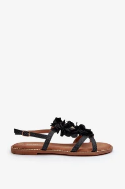 Sandały Płaskie>Boto Sandały Damskie Płaskie Ozdobione Kwiatkami Czarne Abidina