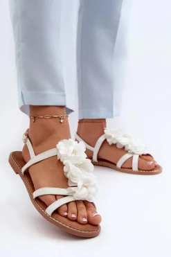 Best Sandały Damskie Płaskie Ozdobione Kwiatkami Białe Abidina Damskie Sandały Płaskie